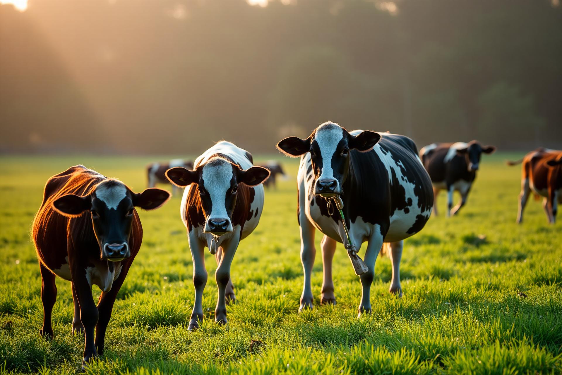 Healthy dairy cows grazing on Shihab Agro Farm pasture at sunrise